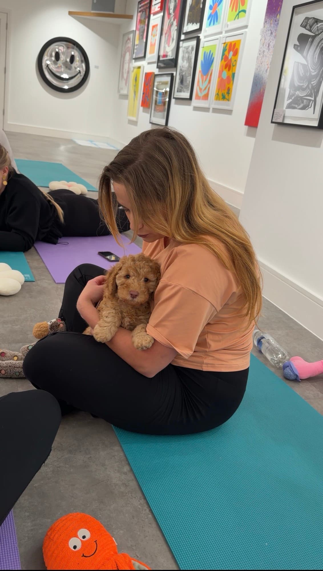A guest cuddling a cockapoo puppy at a class